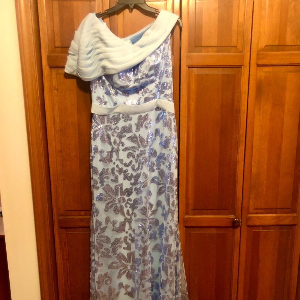 Light Blue Sequin Gown with Draped Neckline